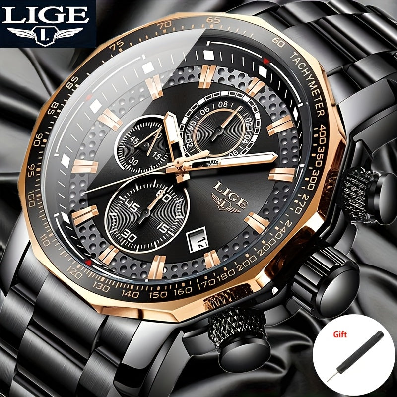 LIGE Watches Fashion Junior Men's Sports Multifunctional Quartz Watch, IP68 Waterproof Watch, Stainless Steel Band, Precision Chronograph, Stopwatch Date Function, Casual Elegant Vintage Style New Watch, Holiday Gifts - ayq