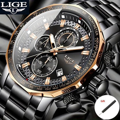 LIGE Watches Fashion Junior Men's Sports Multifunctional Quartz Watch, IP68 Waterproof Watch, Stainless Steel Band, Precision Chronograph, Stopwatch Date Function, Casual Elegant Vintage Style New Watch, Holiday Gifts - ayq