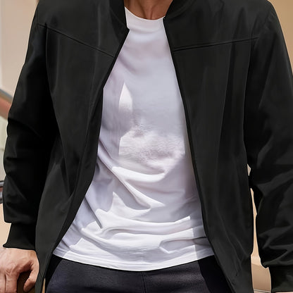 Men's Casual Retro-Inspired Lightweight Zip-Up Jacket - Solid Color, Machine Washable with Baseball Collar