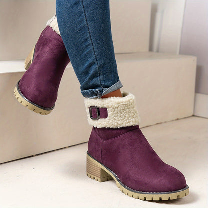 Chunky And Clssic Women'S Ankle Boots, Comfortable And Elegent Woemen Shoes. Warmth Khaki、Black And Beige Winter Women' Boots. Solid-Colored. Fleece-Lined Boots, Heighten And Non-Slip Lighhtweight Shoes with Cute Round Toe.