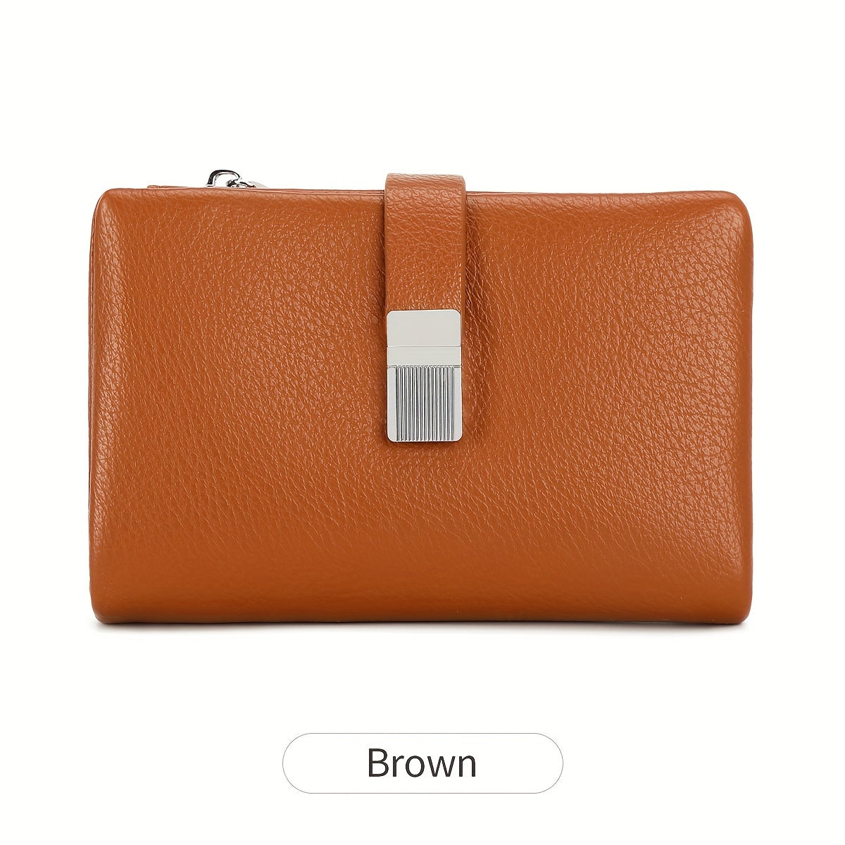 A Compact Trifold Wallet Made of Soft PU in a Solid Color, Featuring Metal Accents. It Includes a Zippered Coin Pocket, Card Slots, And an ID Window, Suitable for Credit Cards, ID Cards, Cash, And Coins. This Modern, Lightwei