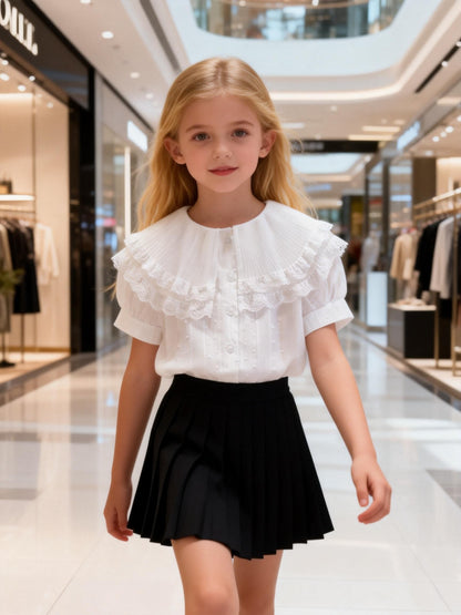 Girls' Summer Short Sleeve Shirt with Lace Collar, Preppy Style