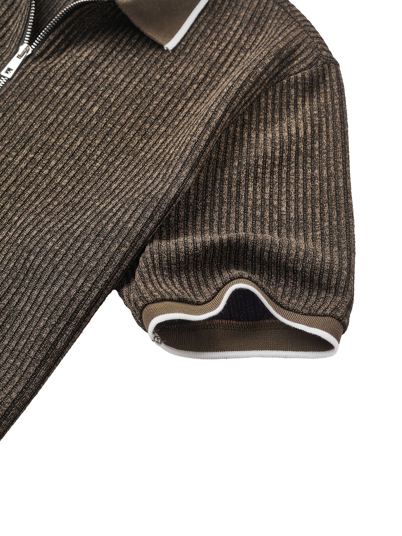 Men's Fashion Shirt, Spring/Summer Outdoor Casual Textured Ribbed Fabric, Contrast Color Ribbed Patchwork Zipper Design Collar Short Sleeve Men's Shirt - ayq