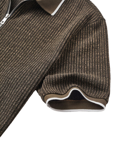 Men's Fashion Shirt, Spring/Summer Outdoor Casual Textured Ribbed Fabric, Contrast Color Ribbed Patchwork Zipper Design Collar Short Sleeve Men's Shirt - ayq