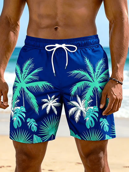Plus Size Men's Palm Tree Print Beach Shorts, Breathable Polyester