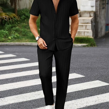 Men's New Trendy Textured Wave Stripe Short Sleeve Long Pants Casual Suit