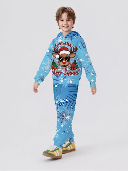2pcs Boys' Christmas Reindeer Print Hoodie & Pants Set - Cozy Fleece-Lined Casual Sportswear with "Merry Christmas" Design, Perfect for Holiday Gifts & Outdoor Activities, Christmas Clothes, for Outdoor, Sportswear Suit For B
