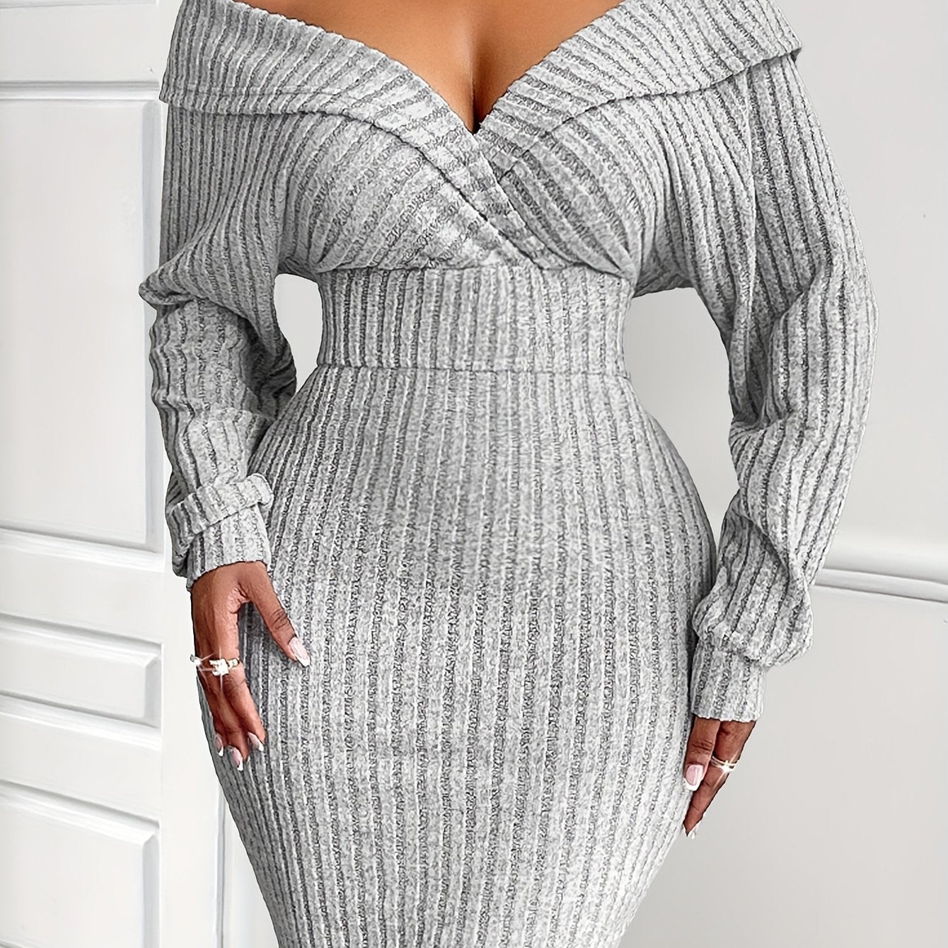 Sexy V-Neck Knit Bodycon Dress for Women, Long Sleeve One-Shoulder Solid Color Polyester Dress with Lace-Up Detail, Regular Fit for Fall Season