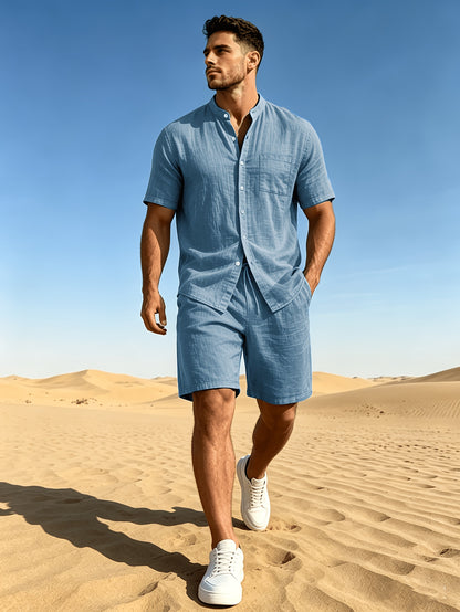 Men's Linen Short Sleeve Shirt & Solid Shorts Set for Summer