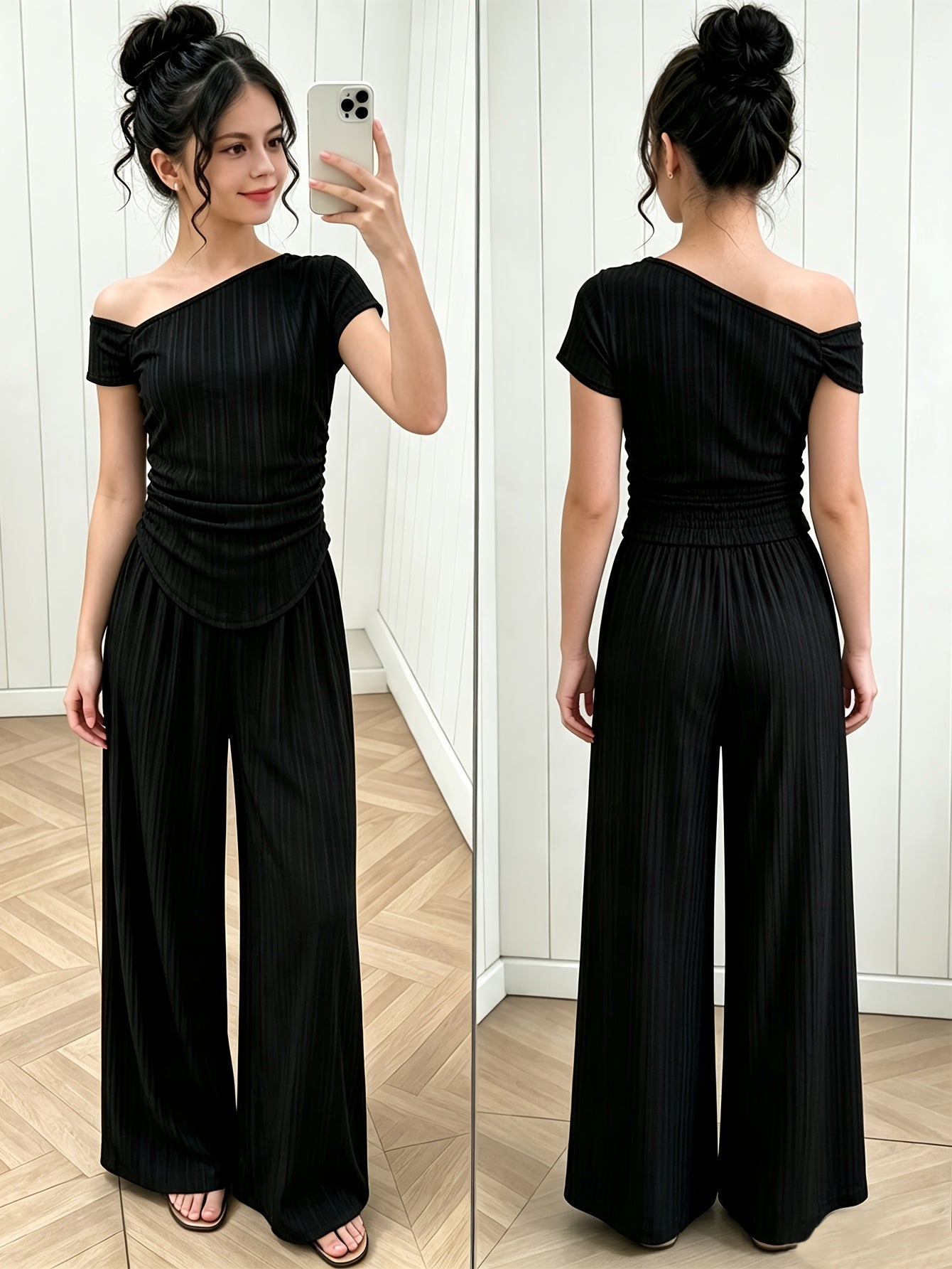 Girls' Summer Street Style Asymmetrical Top & Wide-Leg Pants Set
