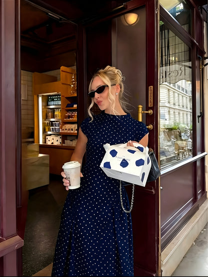 Women's Elegant Polka Dot Maxi Dress with Waist Cinch