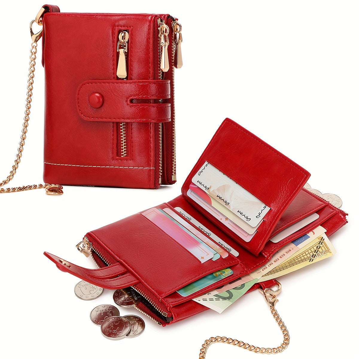 MIYIN Women'S & Men'S Red Bifold Wallet with Anti-Theft Chain Lock, Golden-Tone Hardware & Removable ID Window - Multi-Compartment Organizer with Card Slots