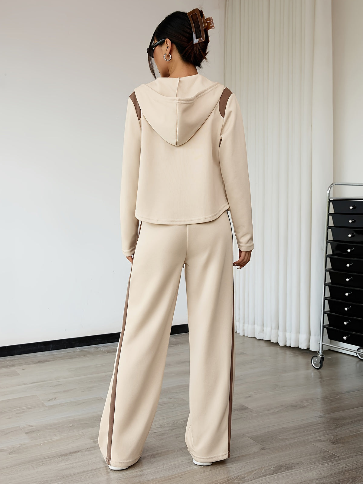 Women’s Casual Two-Piece Color Block Hoodie and Pants Set - ayq