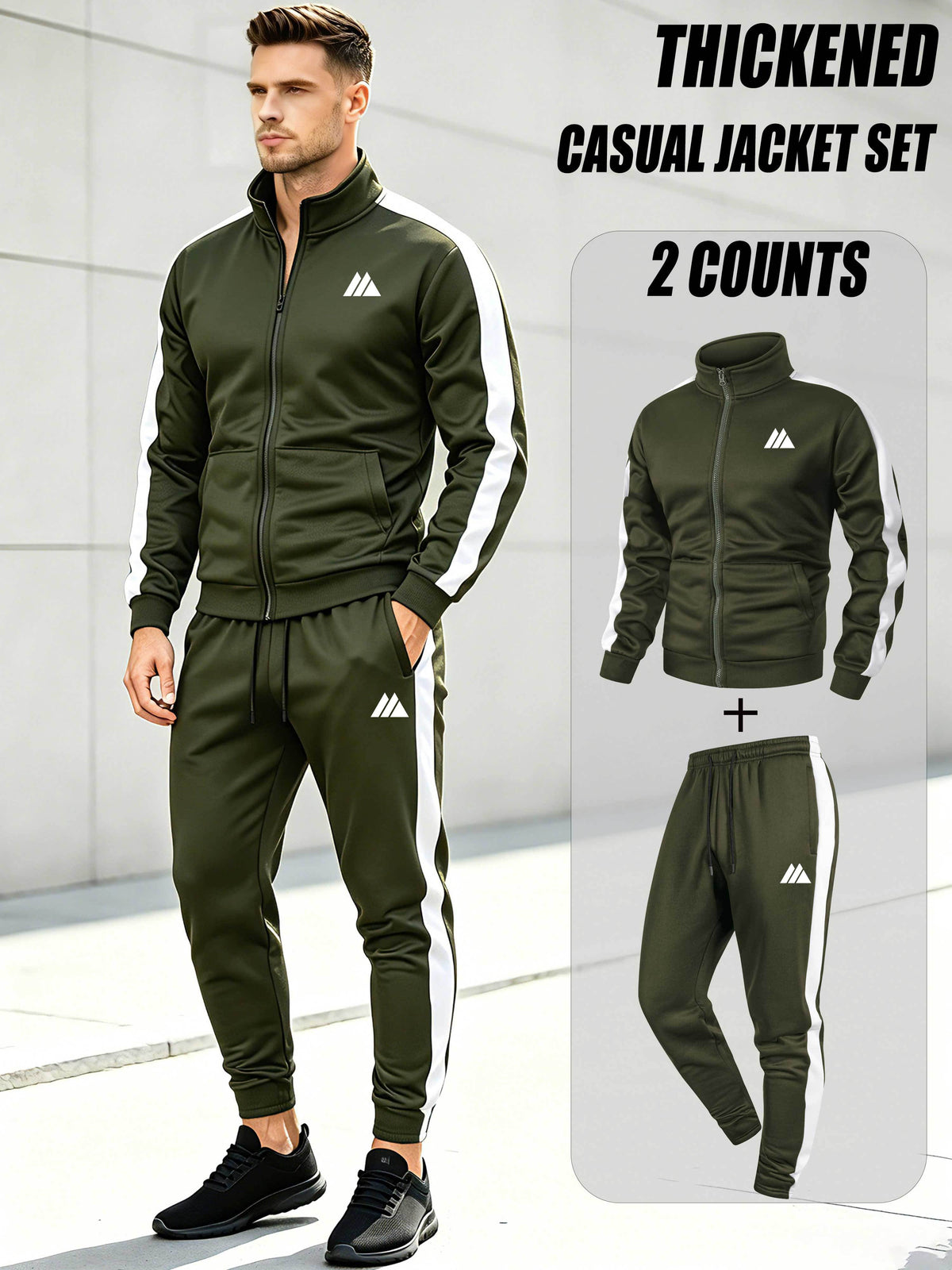 Men's Thickened Casual Sports Tracksuit Set with Zipper Jacket