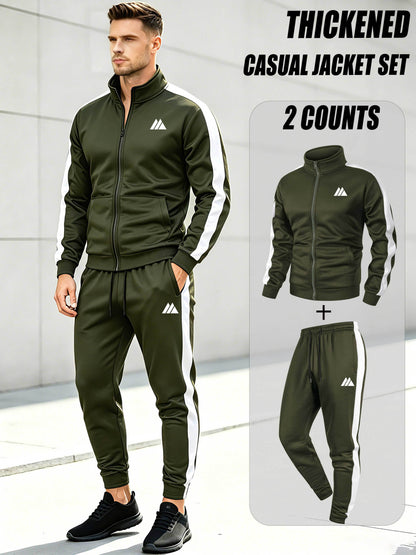 Men's Thickened Casual Sports Tracksuit Set with Zipper Jacket