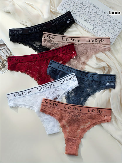 6-Pack Women's Lace Low Rise Thong Underwear - Comfortable & Sexy