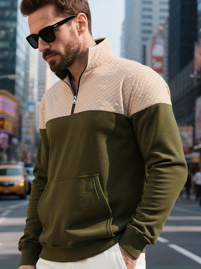 Men's Casual Half-Zip Color Block Sweatshirt with Kangaroo Pocket