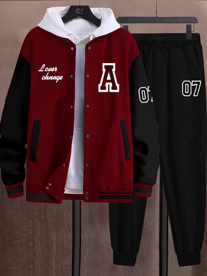 Men'S A07 Sporty Casual Baseball Outfit - Black & White "A" Print Jacket with Pockets, Matching Pants, Polyester Blend, Fall/Winter Wear, Casual Sportswear | Letter Print Jacket | Knit Construction, Baseball Attire