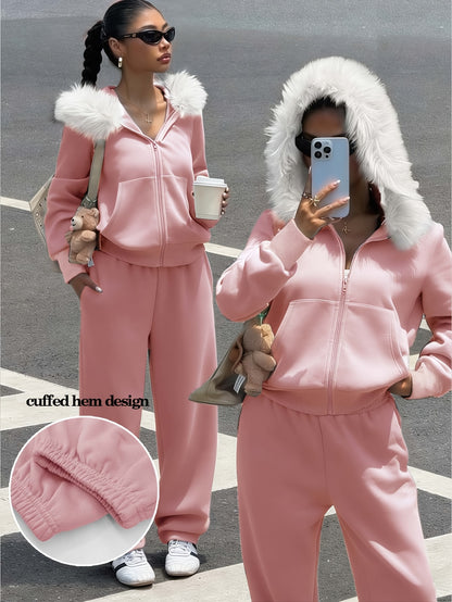 Women's Casual Polyester Hoodie & Wide-Leg Pants Set - ayq