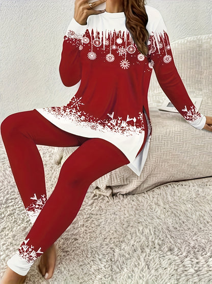 Women's long-sleeved round neck top with side slit and fitted trousers set, red white color block design. Romantic winter theme outfit featuring sparkling snowflake patterns in a cutout style for an energetic look. Made of st