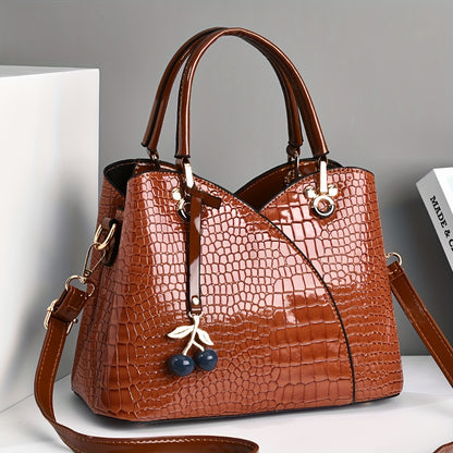 2022 Newest Trendy Women'S Faux Crocodile-Texture Handbag with Cherry Pendant - Stylish Black And Red Shoulder And Handbag, Zip Closure, Polyester Lining, Edge Paint Detail, Handbag|Chic Handbag|Zippered Bag