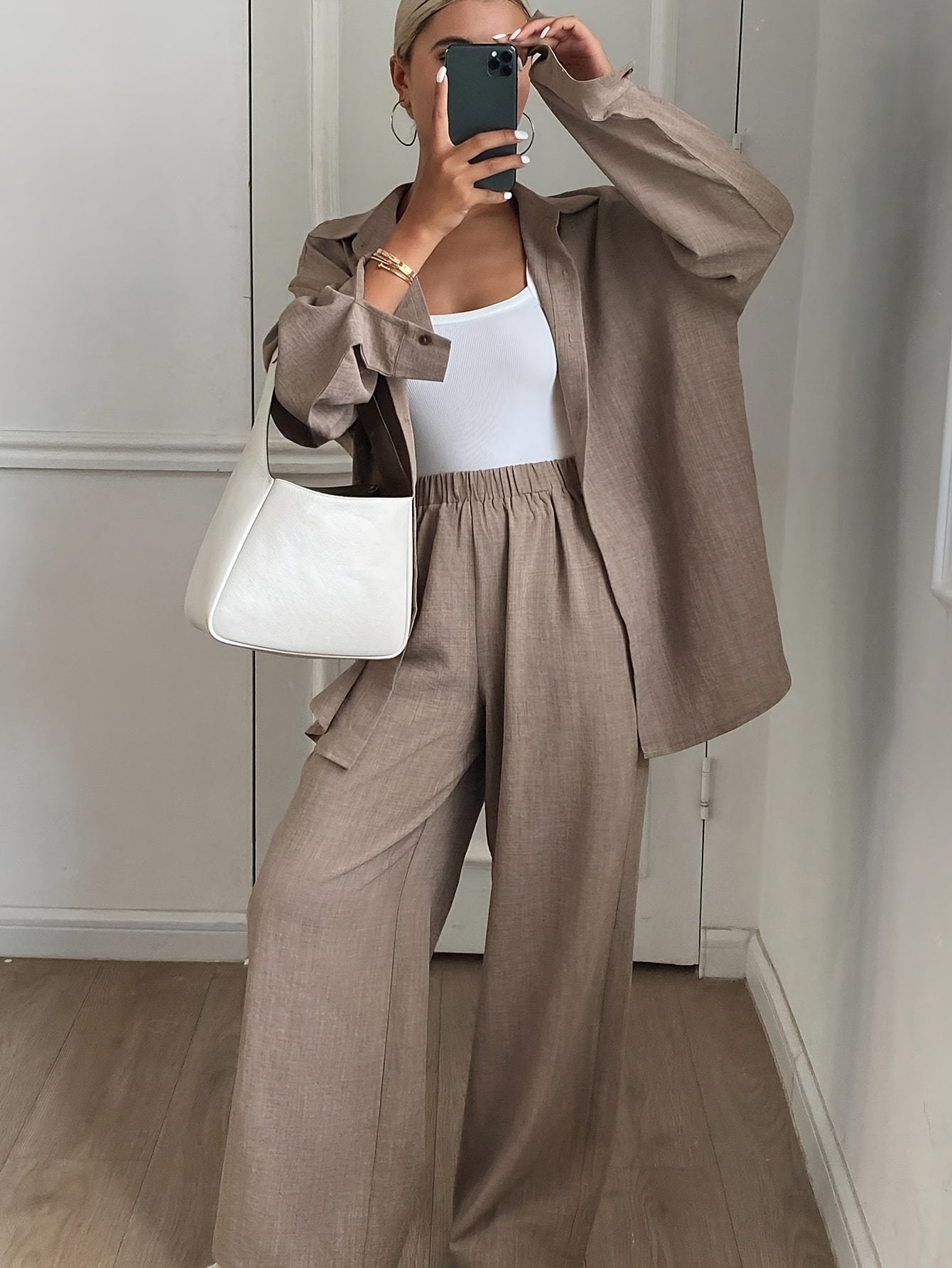 Elegant Women's Loose Two-Piece Set with Solid Polyester Pants