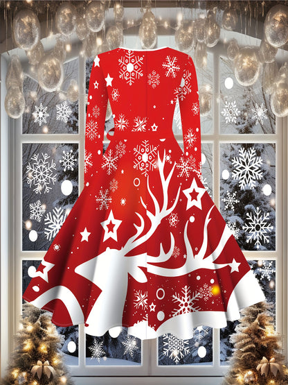 Women's Red & White Poinsettia & Deer Print A-Line Floor-Length Dress with A-Line Hem - Winter Red & White Snowflake Print with Ruffled Neckline & Belted Waist - Machine Washable Elegant Party Wedding Christmas New Year's Eve