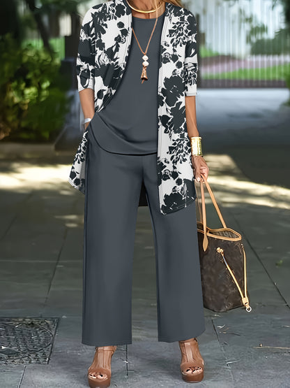 Plus Size, A three-piece set of elegant and unique female plus-size floral printed top and solid-colored vest and trousers