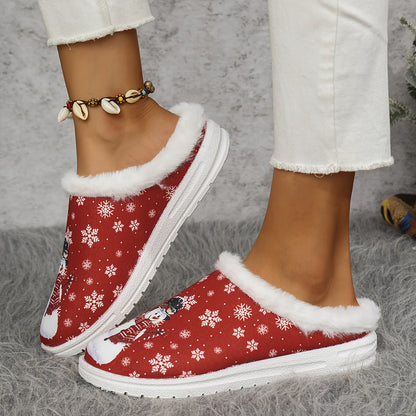Women's Winter Plush Slip-On Moccasin Slippers with Faux Fur Trim - Red & White Snowflake & Hearts Design, Soft PU Sole & Cozy Lining, Red/White/ Color Options, Casual Winter Shoes for Indoor/ Use, Hand Washable (Ideal for Ch
