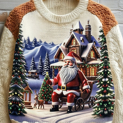 Women's 2025 Winter Knitted Christmas Sweater: Santa Claus Print and Shoulder Paneling - Cozy Sweater, Warm Holiday Fashion for Holiday Parties, Christmas Gift for Women (Loose Fit)