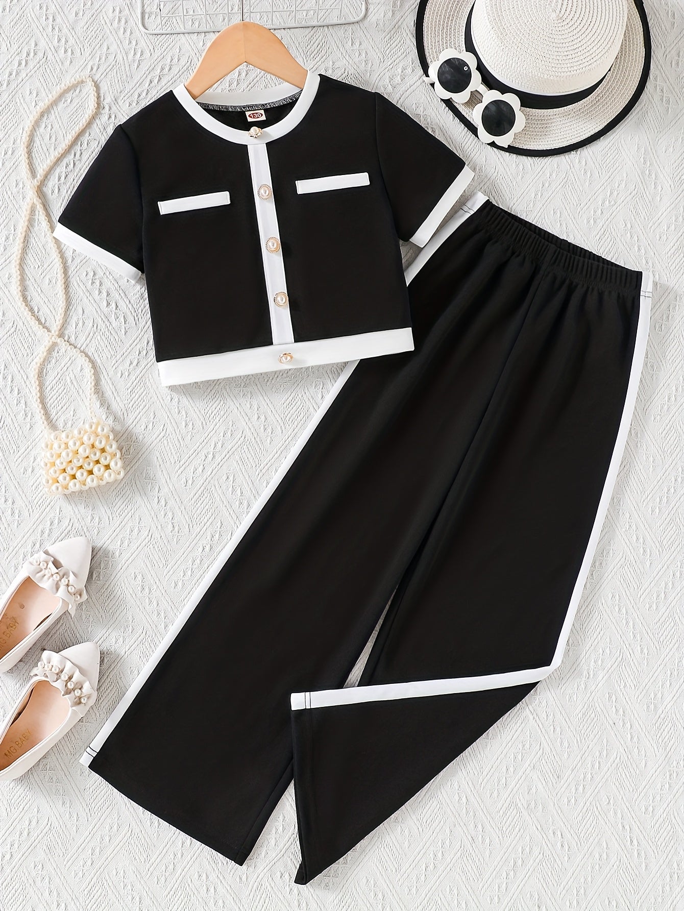 Girls' Spring/Summer Elegant Pearl Button Top & Contrast Pants