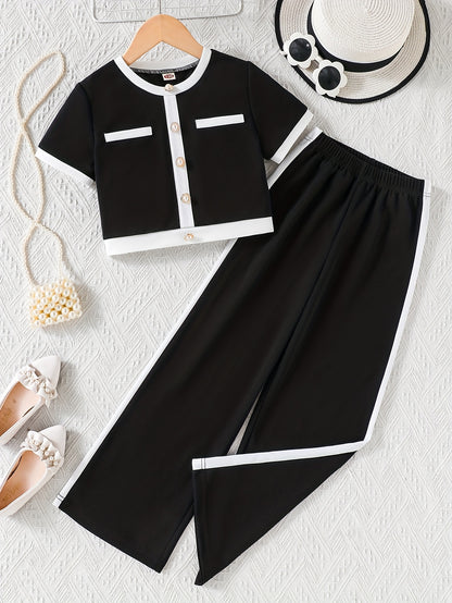 Girls' Spring/Summer Elegant Pearl Button Top & Contrast Pants