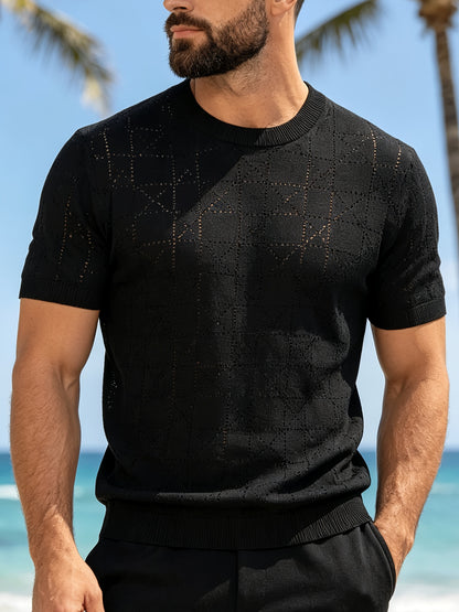 Men's Loose Fit Short Sleeve Hollow Knit Crew Neck Top