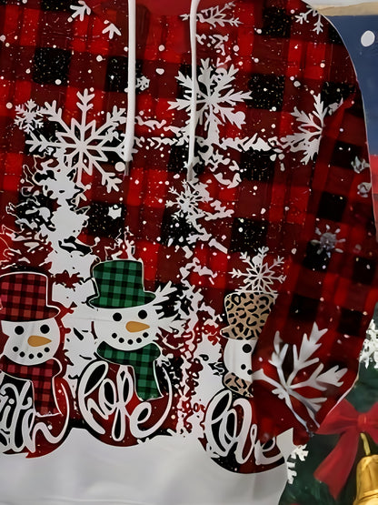 1pc Men's Christmas Plaid & Snowman Print Hooded Sweatshirt - Red & Black Checkered Winter Sweater with Hood, Machine Washable Casual Pullover for Holiday Parties, Family Gatherings & Winter Outfits - Ideal Christmas Gift for