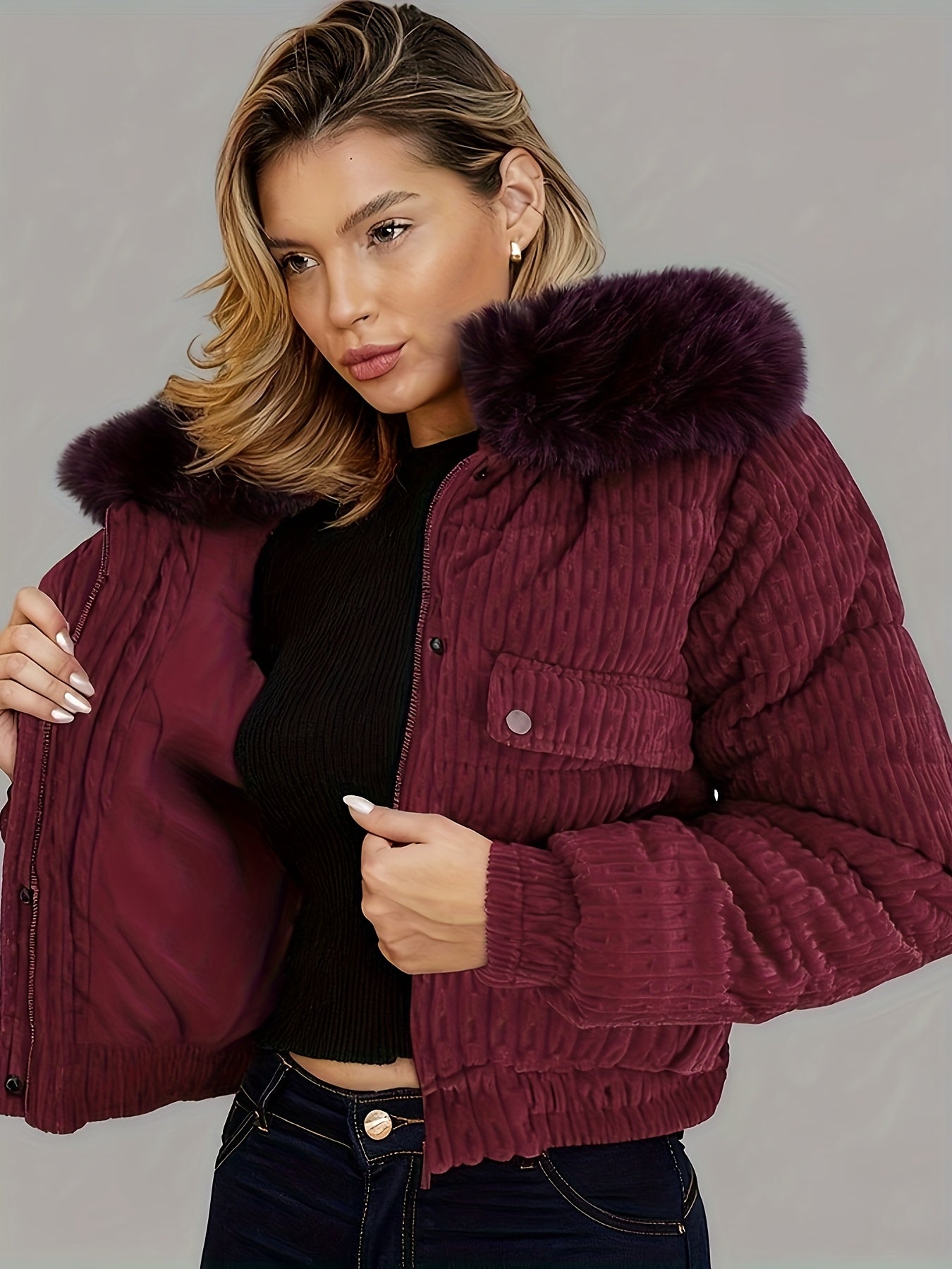 Women'S Winter Jacket - Full-Zip Coat with Detachable Fur Collar, Burgundy/Red - Cold Weather Outerwear for Everyday & Formal Events