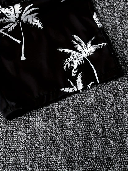 2pcs Boys Casual Coconut Tree Graphic Print Short Sleeve Lapel Shirt & Shorts Set, Comfy Summer Boys Clothing For Daily & Outdoor Wear