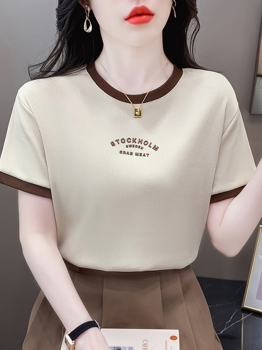 Women’s Color-Blocked Cotton T-Shirt with Elegant Shoulder Design - ayq