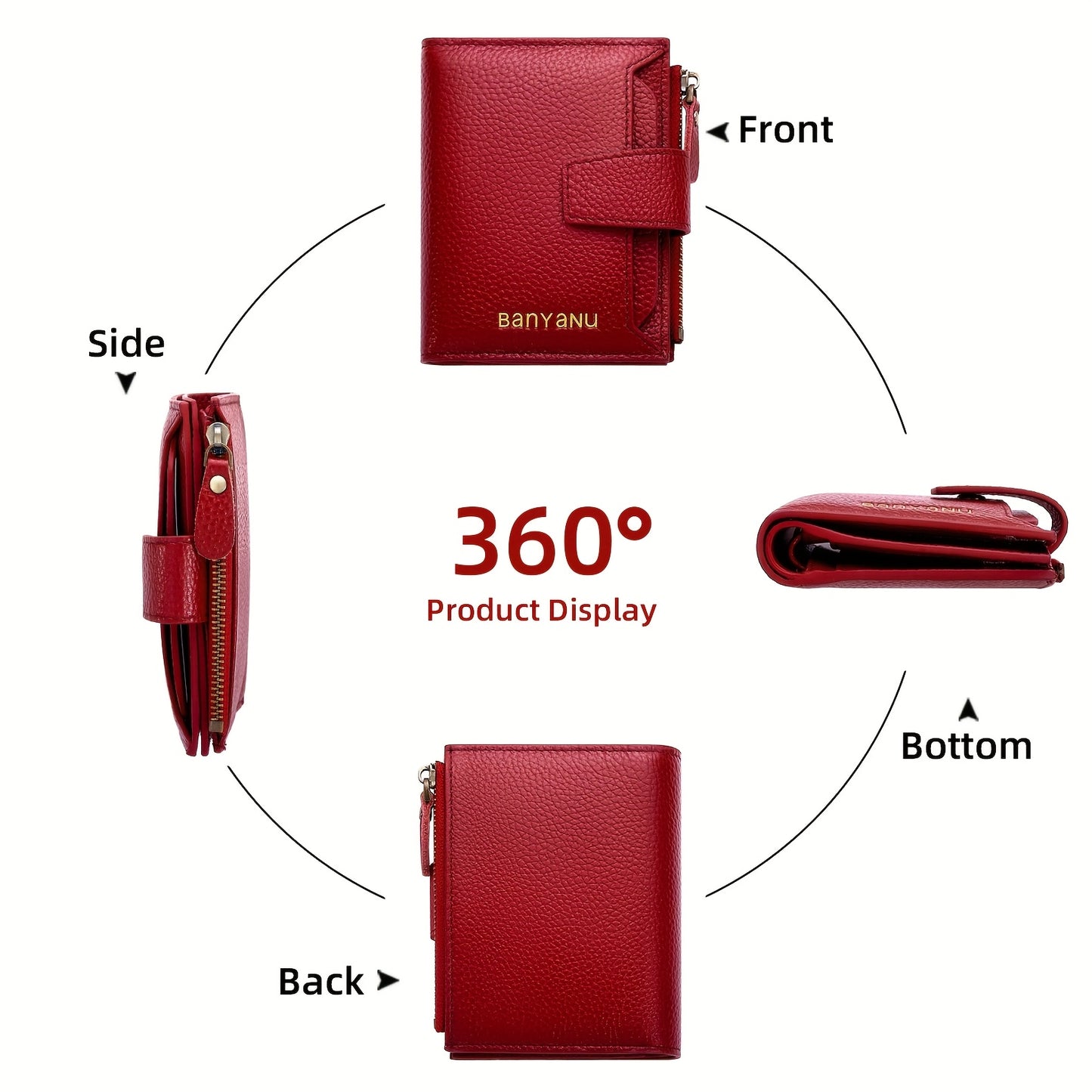 BANYANU Women'S Genuine Faux Leather Wallet - Red Lychee Grain Texture, Multi-Card Slots, Zippered Coin Pocket, Detachable ID Window, Compact Design for Everyday Use, Secure Coin Storage | Stylish Wallet | Synthetic