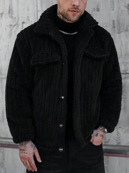 Men's Winter Jacket with Black & White Striped Collar & Single-Breasted Button Front - Soft Short Pile Outer Coat, Machine Washable Casual Outerwear for Cold Weather, Formal & Everyday Use (No), Casual Winter Jacket Men, Ligh