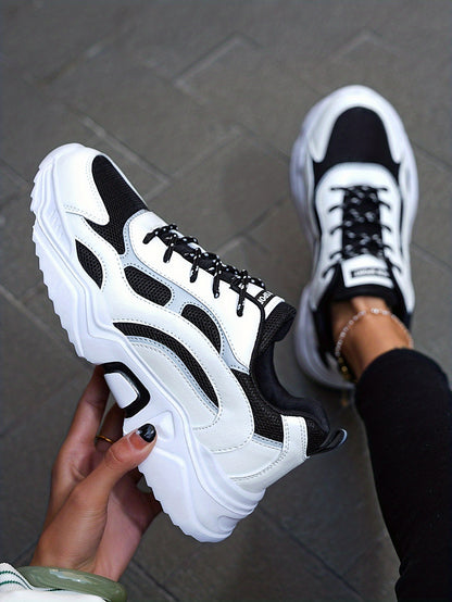 Women's Fashionable Platform Chunky Sneakers, Lace Up Breathable Running Shoes, Thick Bottom Outdoor Casual Dad Shoes