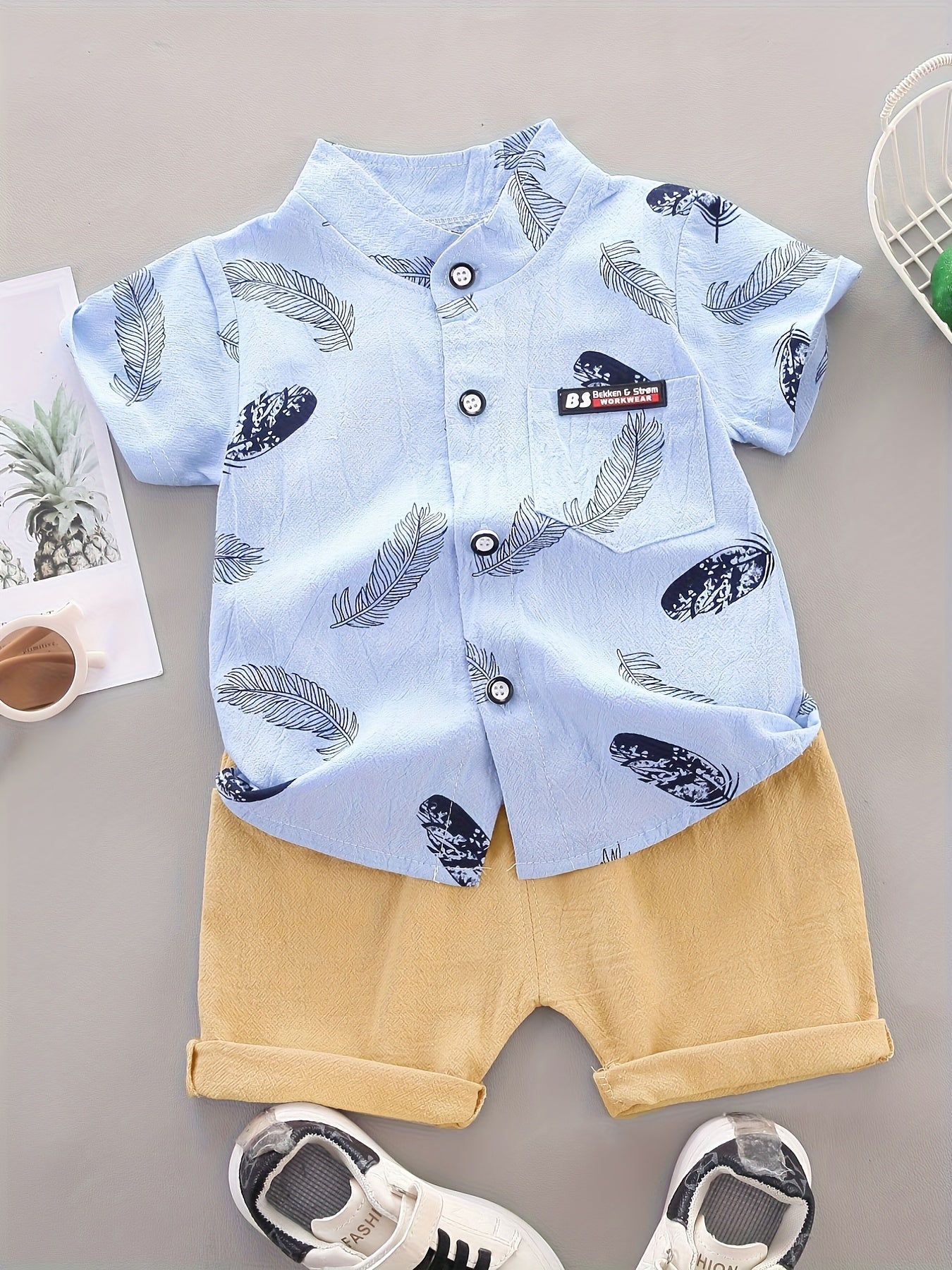 Baby Boys Cotton Feather Print Short Sleeve Shirt & Shorts Set