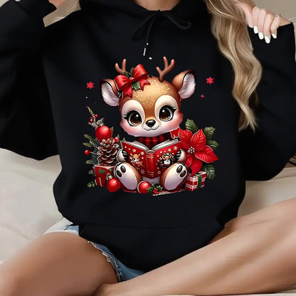 Women's Fashion Autumn/Winter Christmas Reindeer Print y Casual -Lined -Feel Hooded Sweatshirt