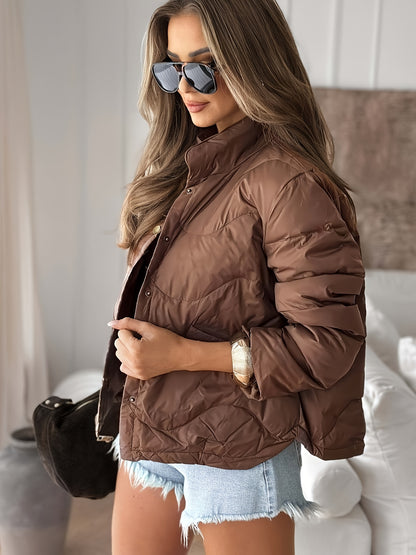 's Elegant Short Winter Jacket - Brown Full-Zip Coat with Golden-Tone Button Closure, Machine Washable Outerwear for Fall & Winter, Casual to Formal Wear (White/Pink/Black/Navy/ Brown) - Jacket Only