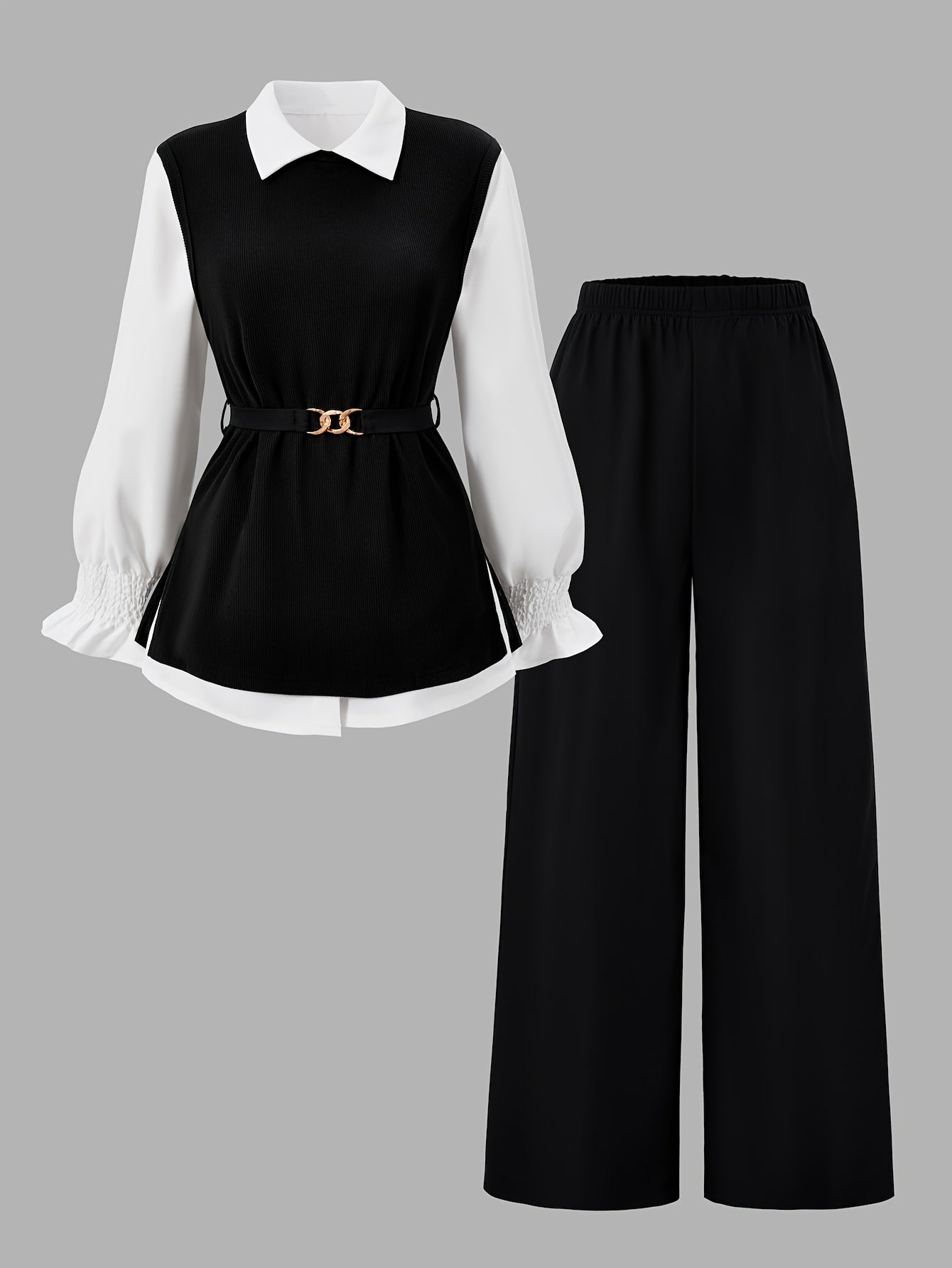 Teen Girls' Casual Spring Outfit Set: Puff Sleeve Shirt, Vest & Wide-L