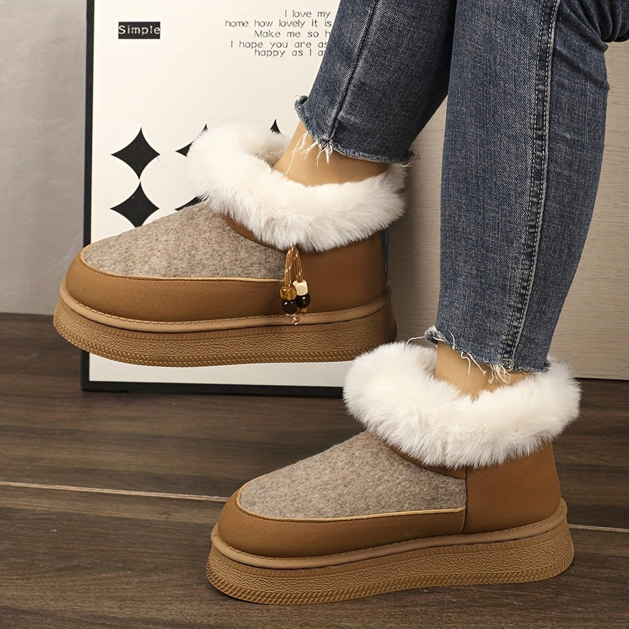 Women's Chunky Platform Winter Snow Boots with Plush Faux -Like Collar & Thick Rubber Sole - Beige/Dark Grey Round-Toe Traction for Ice, Snow, Slush - Cozy Casual & Formal Wear (Golden Buckle Accent)