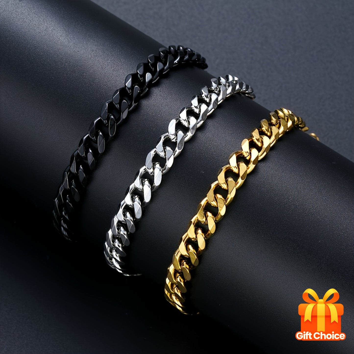 3pcs Set of Minimalist Hollow Titanium Stainless Steel Cuban Bracelets, Golden, Silvery, and Black Combo, Unisex, Perfect for Christmas, Valentine's Day, New Year, Ideal Gift for Boyfriend, Father, and Son