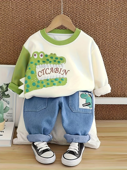 Boys' Casual Cotton Sweatshirt and Denim Pants Set for Spring/Fall