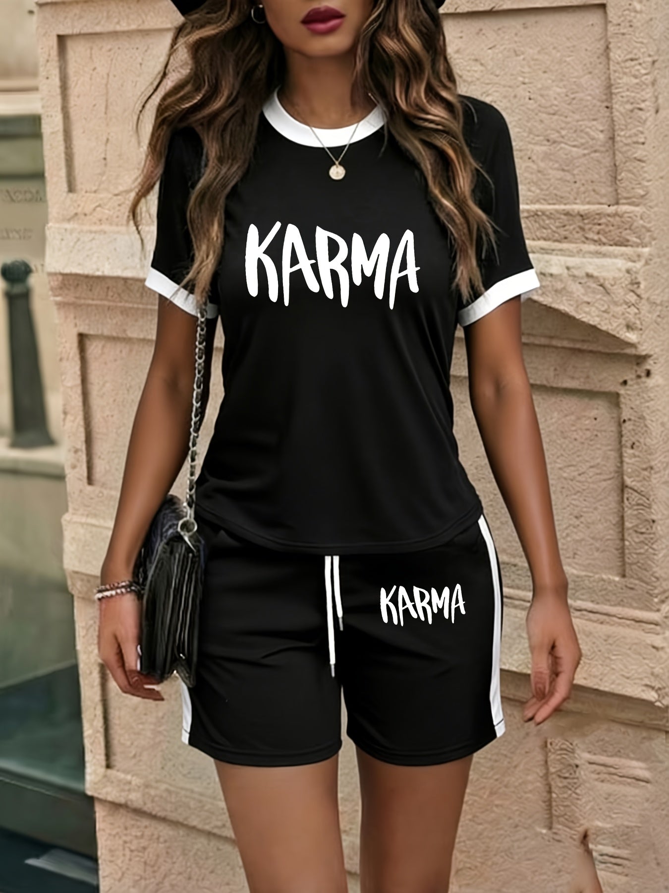 KARMA Summer Casual Set: Color-Block Top & Drawstring Shorts