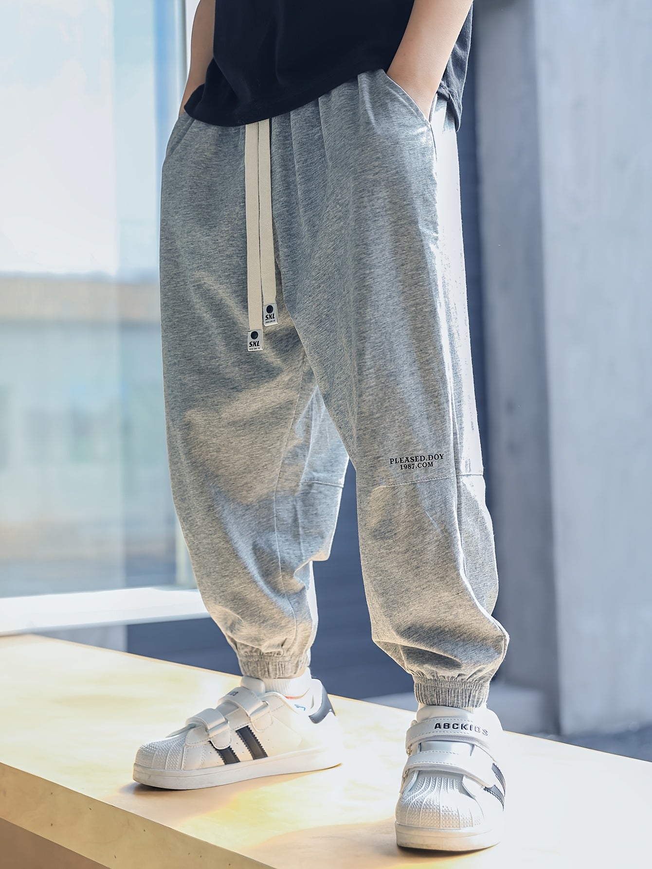 Boys' Gray Loose-Fit Sports Pants with Elastic Waistband