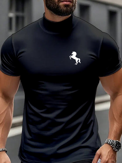 Men's Casual High Neck Short Sleeve T-Shirt with Geometric Pattern
